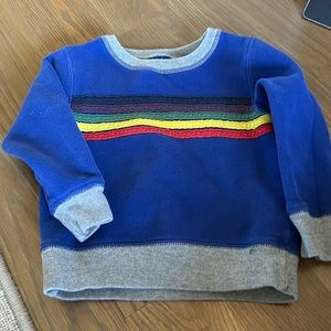Bright blue, mini Boden sweatshirt with rainbow color stripes